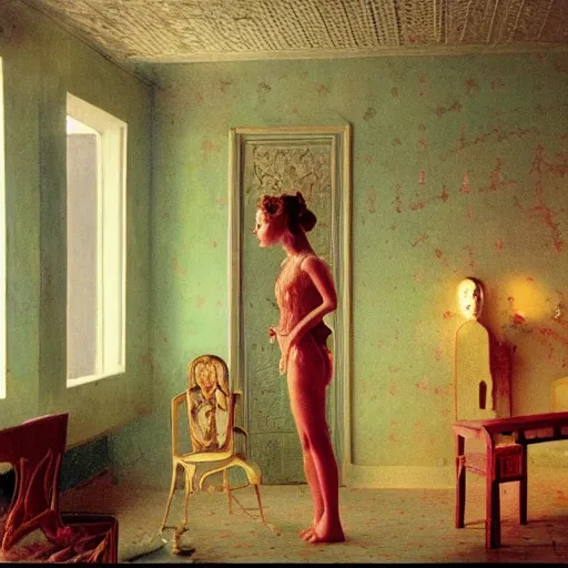Prompt: a young ivory and golden filigree girl in an soviet liminal abandoned room, film still by wes anderson, depicted by balthus, limited color palette, very intricate, art nouveau, highly detailed, lights by hopper, soft pastel colors