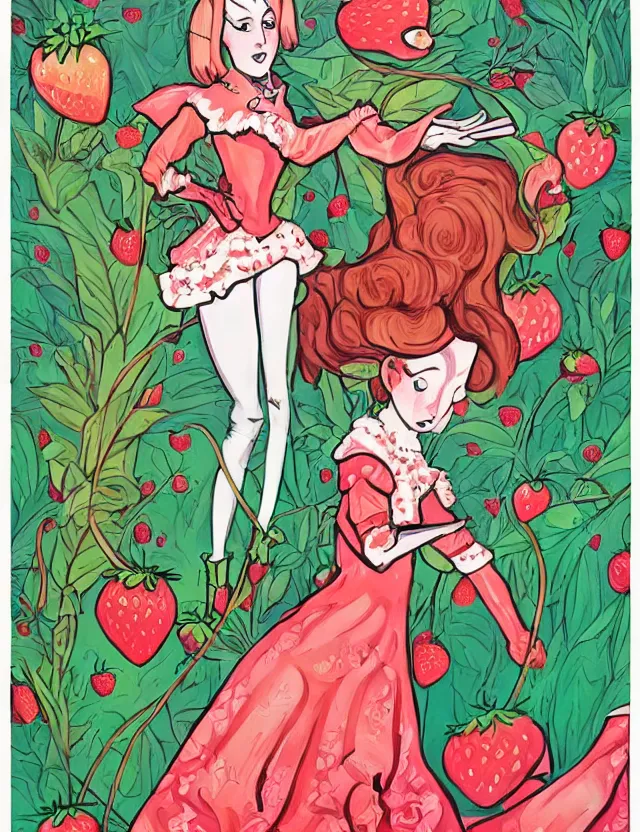 Prompt: princess of the strawberry cream valley. this heavily stylized gouache painting by the indie comic artist has interesting color contrasts, plenty of details and impeccable lighting.