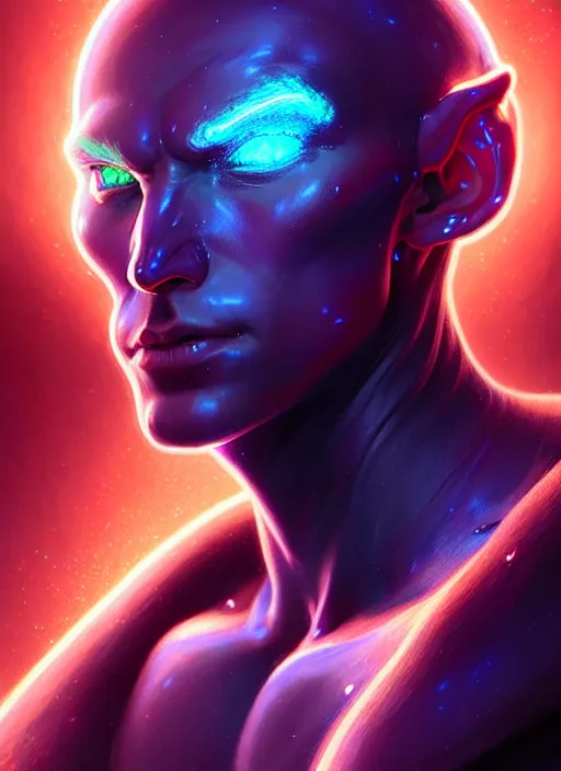 Image similar to a faceless masculine humanoid adventurer made of liquefied stardust, dnd fantasy character, full body portrait, glowing neon skin, magical aura, ultra realistic, intricate, elegant, highly detailed, digital painting, artstation, smooth, sharp, focus, illustration, art by artgerm and greg rutkowski and alphonse mucha