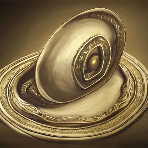 Image similar to in the center lays an ancient chromed artifact in the shape of a heavy signet ring, ornate with gentle iridescent shine from within. the ring lays on top of a pedestal. the pedestal is in front of a dark misty balcony at night. perspective from the side. realistic light and shadows. moody fantasy art, table still life renaissance pastel painting.