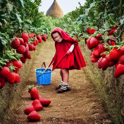 Prompt: red ridinghood picking strawberries in surreal rural France