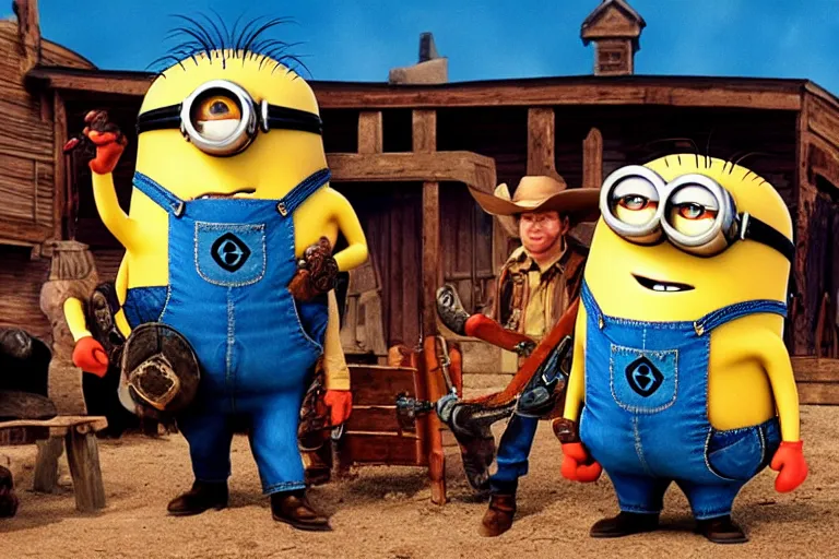 Image similar to minion cowboy saloon shootout, 3 5 mm scene from a western movie, 1 9 8 6, color