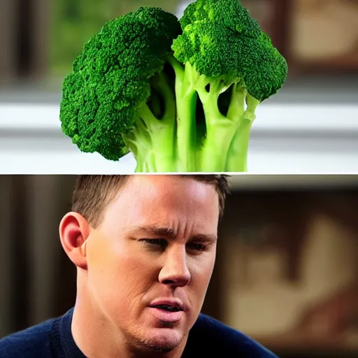 Prompt: Channing Tatum afraid of broccoli