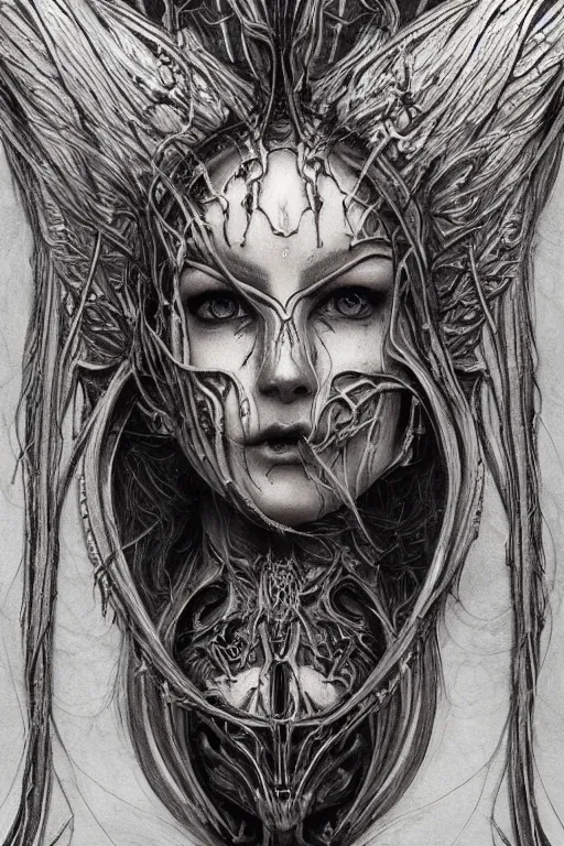 Image similar to Elden Ring and Doom themed painting of majestic chromatic biomechanical anatomical elven female hybrid beautiful ethereal angel symmetrical neutral mask closeup face tattoo pattern golden ratio concept, Neo-Gothic concept, infinity glyph waves, intricate artwork masterpiece, very coherent artwork, cinematic, full frontal facial features by Artgerm, art by H.R. Giger, Joseph Michael Linsner, Zdizslaw Beksinski, Johnatan Wayshak, Moebius, Ayami Kojima, very anatomically coherent artwork, trending on cgsociety, ultra high quality model, production quality cinema model, high detail chromatic ink outline, octane render, unreal engine 8k, hyper realism, high detail, octane render, unreal engine, 8k, High contrast