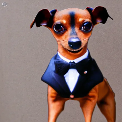 Prompt: 80mm photograph is a photorealistic min pin wearing a suit