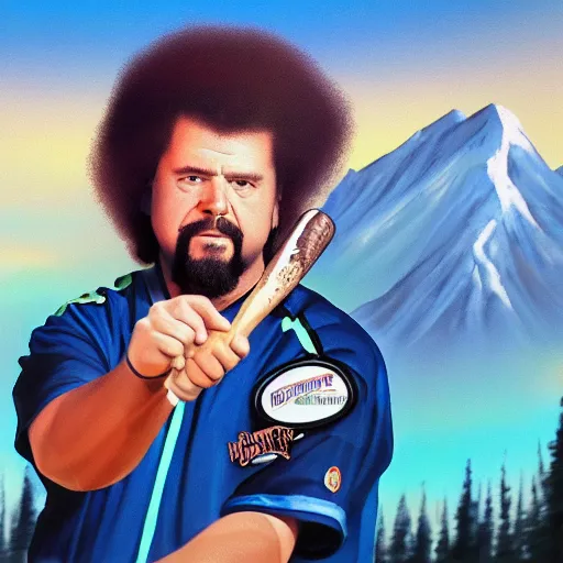 Image similar to a closeup photorealistic photograph of bob ross style kenny powers playing baseball, painting on a canvas. mountains and trees. film still. brightly lit scene. this 4 k hd image is trending on artstation, featured on behance, well - rendered, extra crisp, features intricate detail, epic composition and the style of unreal engine.