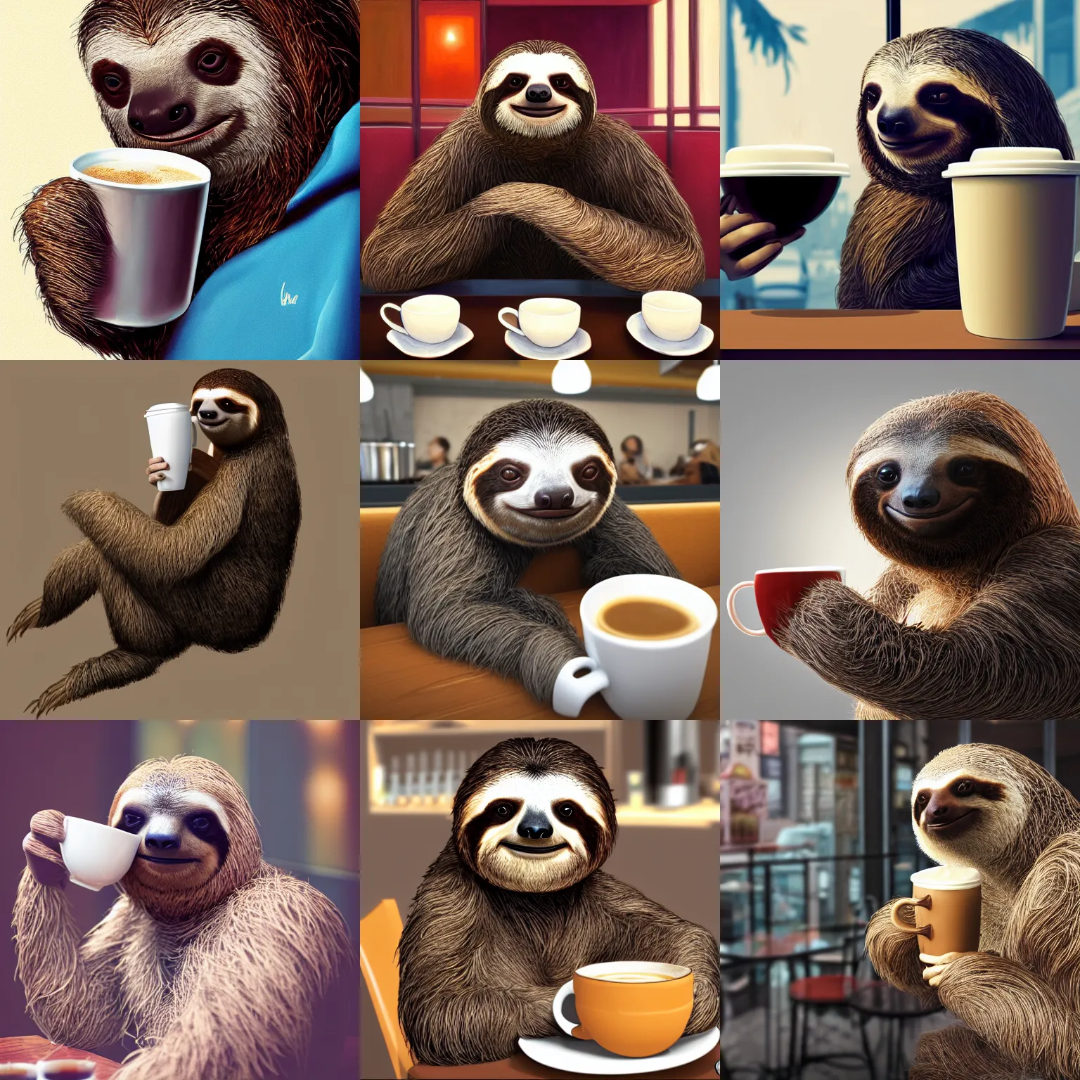 Prompt: a beautiful portrait render of a sloth drinking coffee in a coffee shop in New York city, trending on ArtStation