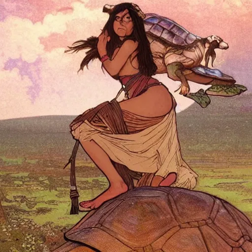 Image similar to a little warrior girl sitting on top of a giant turtle that is walking in the desert, seen from a distance. the girl is fully visible and has dark skin, realistic full body and a very beautiful detailed face with long black hair. diffuse light, dramatic sky and landscape, fantasy illustration by mucha