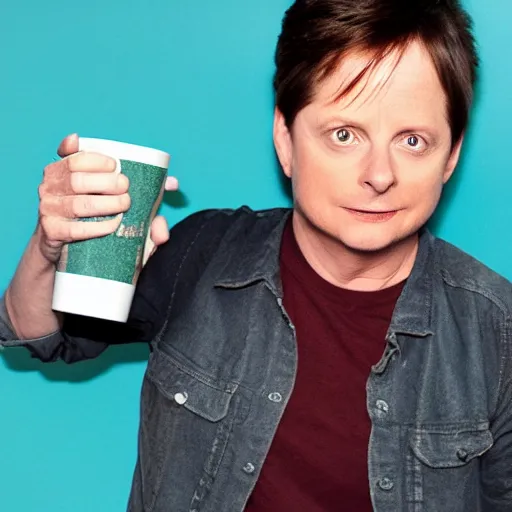 Prompt: Michael J Fox drinking holding a poop emoji mug