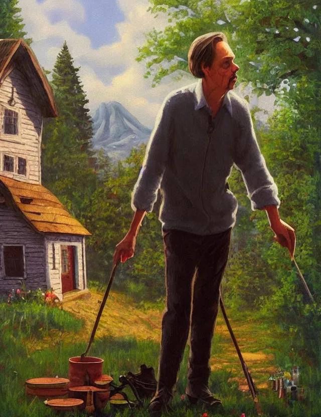Prompt: steve buscemi painting a cottage. gouache fairytale art, russian romanticism, muted palette, backlighting, depth of field