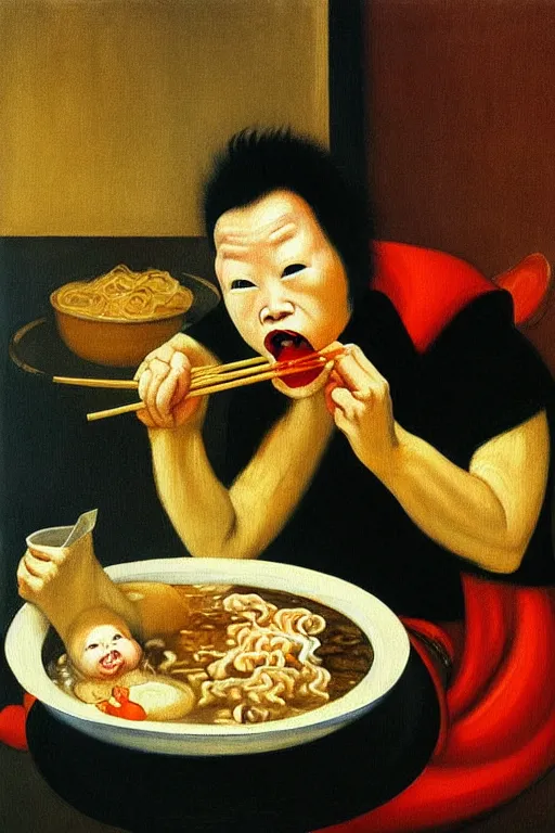 Prompt: evil hungry giant baby eating a huge bowl of ramen in new york city, traditional chinese restaurant, hauntingly surreal, highly detailed painting by francis bacon, edward hopper, adrian ghenie, gerhard richter, and james jean soft light 4 k,
