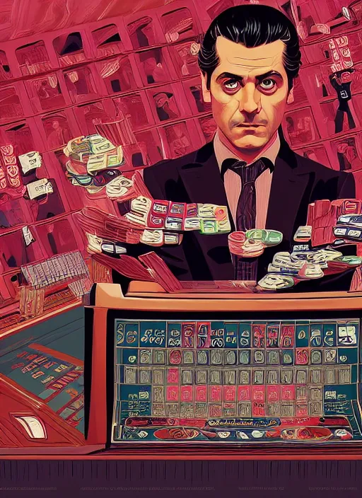 Image similar to Twin Peaks art, of Oscar Isaac in The Card Counter visiting the casino in Twin Peaks poster artwork by Tomer Hanuka, Sam Weber, Laurent Durieux, Katherine Lam from scene from Twin Peaks, from scene from Twin Peaks, clean, New Yorker magazine cover