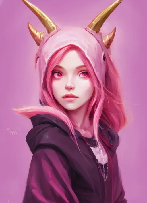 Image similar to a highly detailed illustration of cute smug pink haired pale girl with horns wearing oversized pink hoodie, dramatic smirk pose, intricate, elegant, highly detailed, centered, digital painting, artstation, concept art, smooth, sharp focus, league of legends concept art, wlop.