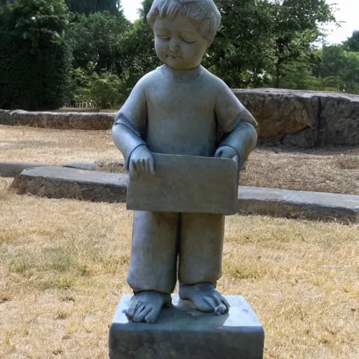 Prompt: stone statue of kid a book, outdoors