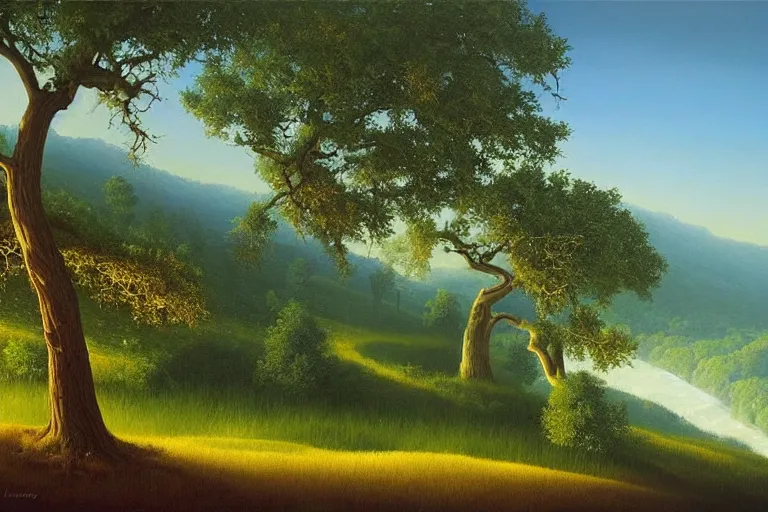 Image similar to masterpiece painting of oak trees on a hillside overlooking a creek, dramatic lighting, by vladimir kush