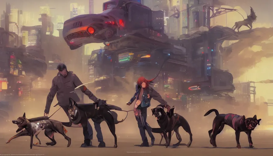 Prompt: a group of lawbreaking dogs trying to appear funny, cyberpunk art by yumihiko amano, jesper ejsing, by rhads, makoto shinkai and lois van baarle, ilya kuvshinov, cgsociety, figurative art, toonami, zbrush, official art