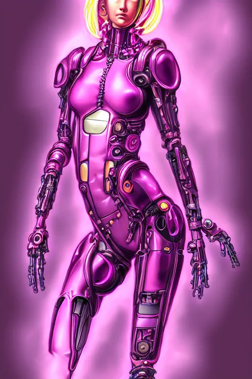 Image similar to samus aran, kowloon cyberpunk, biomechanical oppai, rain, purple and pink neon, by artgerm and kaneko and sorayama and alphonse mucha, trending on artstation