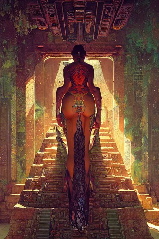 Prompt: cyberpunk mayan ancient chicheni tza , fantasy, painting by greg rutkowski and alphonse mucha