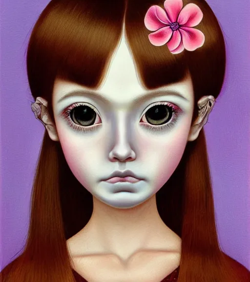 Prompt: portrait of a flowerpunk girl's face, lowbrow painting by mark ryden and hiroyuki mitsume - takahashi and margaret keane