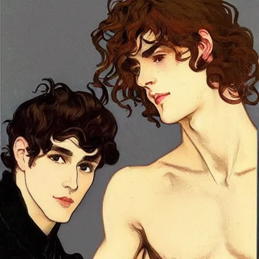 Prompt: two young gorgeous men, delicate jawlines, cute handsome beautiful dark medium wavy hair man in his 2 0 s named shadow taehyung and young cute handsome dark red medium length curly hair man named maximo together at the halloween party, elegant, wearing suits!, modest!!, delicate facial features, art by alphonse mucha, vincent van gogh, egon schiele