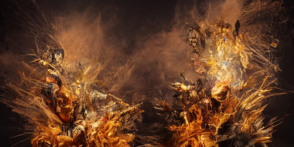 Image similar to 'Deamons unleashed in Times Square' by István Sándorfi royally decorated, whirling smoke, embers, gold encrustations , gilt silk torn fabric, radiant colors, fantasy, perfect lighting, studio lit, volumetric lighting, micro details, 3d sculpture,