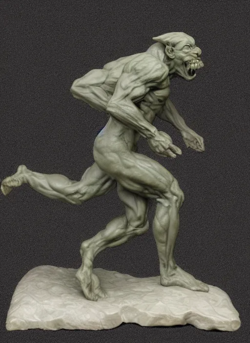 Image similar to a full figure marble sculpture of a running goblin, rough texture by Rodin and Frazetta