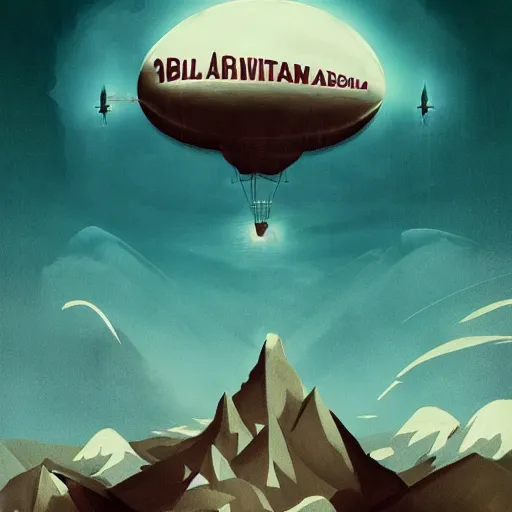 Image similar to a blimp in the sky above a snowy mountain, poster art by guillermo del toro, artstation, panfuturism, reimagined by industrial light and magic, official art, poster art