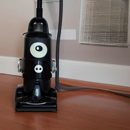 Prompt: An anthropomorphic vacuum cleaner with googly eyes