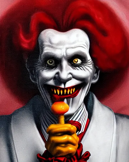 Image similar to dracula ronald mcdonald, character portrait, close up, concept art, intricate details, highly detailed, hyperrealism in the style of otto dix and h. r giger