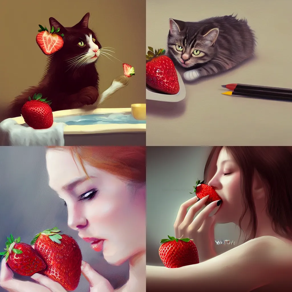 Prompt: Cat eating a strawberry whilst having spa treatments and manicure, digital painting by WLOP, trending on ArtStation