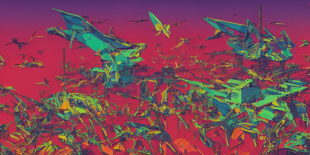 Image similar to risograph, gigantic mecha arzach birds with dragonflies, tiny rats, a lot of exotic animals around, big human faces everywhere, helicopters and tremendous birds, by satoshi kon and moebius, matte colors, surreal psychedelic design, crispy, super - detailed, a lot of tiny details, 4 k, fullshot