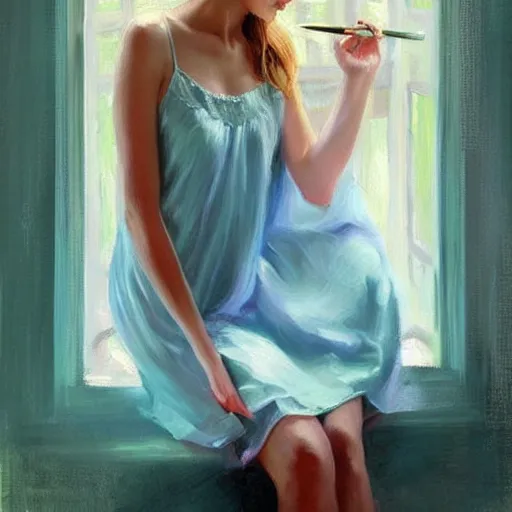 Prompt: woman in nightgown, painting by Vladimir Volegov