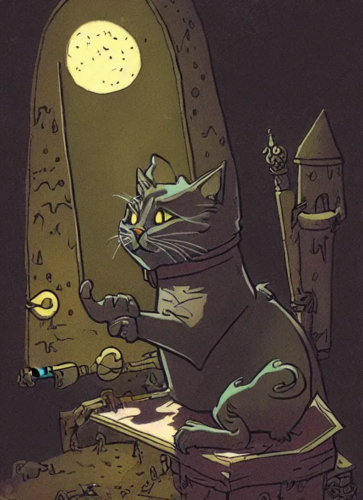 Prompt: highly detailed, hyper realistic wizard cat with a dungeon background by mike mignola