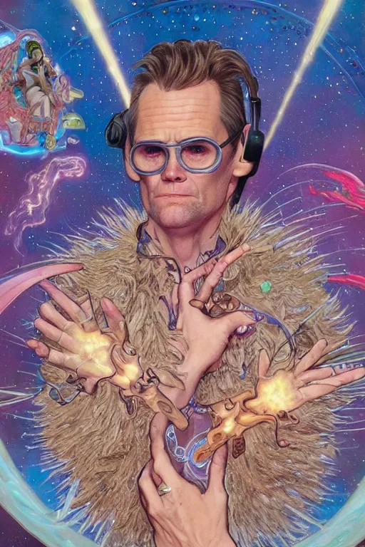 Image similar to jim carrey wearing a magic leap headset emerging from a stargate, by artgerm and yoshitaka amano and moebius and alphonse mucha, hyperdetailed, dc comics, ornate, nebula, explosions in the sky, trending on artstation