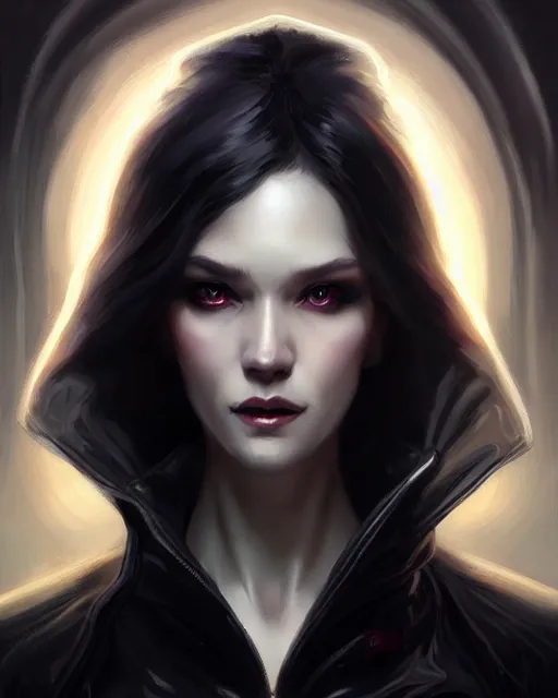Prompt: lady in black coat and pantyhose, cosmic horror style, intricate, confident pose, realistic, highly detailed, digital painting, art by wlop and artgerm and ross tran and greg rutkowski, charlie bowater