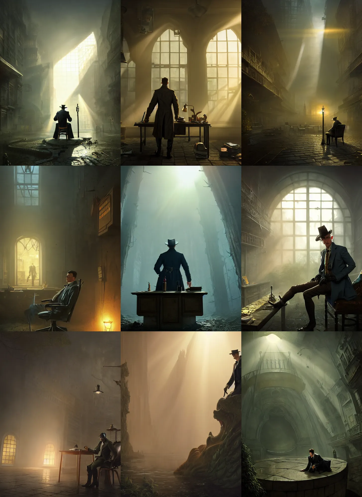 Prompt: Anthropomorphic reptile detective in trenchcoat sitting in his office, mist, sunrays, dust in the air, DnD character, unreal engine, octane render, dramatic lighting, pond, digital art, by Stanley Artgerm Lau, greg rutkowski, thomas kindkade, alphonse mucha, loish, norman Rockwell