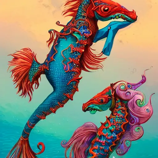 Prompt: merfolk riding seahorses, trending on artstation, colorful, intricate, art by aurore folny and senjon 津