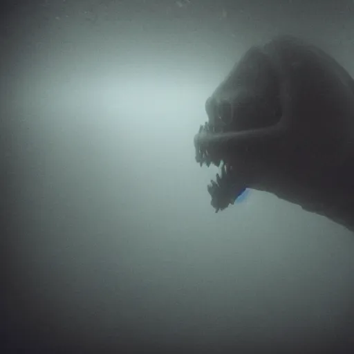 Prompt: sea monster, wide angle, pov underwater, visceral, abomination, pale skin, dark and foggy water, misty, dark, dramatic,'silent hill ', big eyes, terrifying, horrific, cinematic