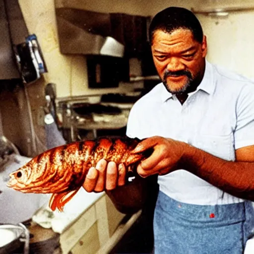 Image similar to laurence fishburne holding an over cooked fish
