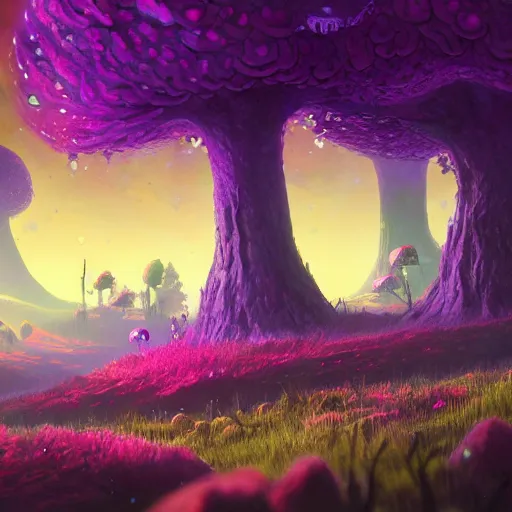 Image similar to concept art painting of a fantasy alien fungal landscape at night, magenta trees, glowing blue mushrooms, village of houses made of mushrooms, dark purple sky, realistic, detailed, cel shaded, in the style of makoto shinkai and greg rutkowski and albert bierstadt and james gurney