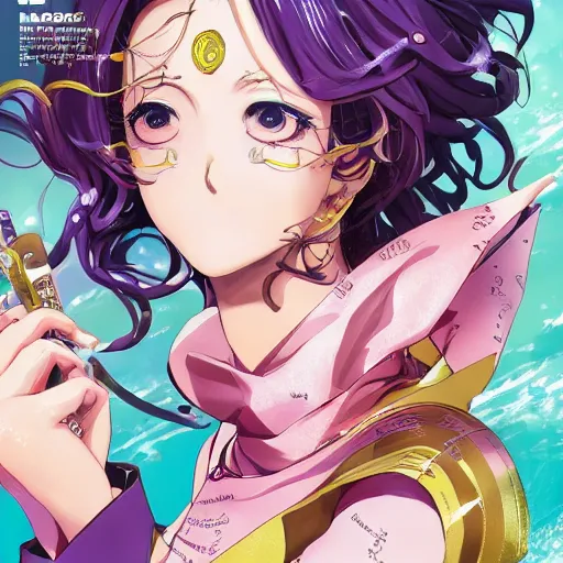 Image similar to Magazine Cover Anime key visual of a Gucci girl; official media; typography; drawn by Hirohiko Araki; Jojo's Bizarre Adventure; Jojolion, portrait, made by Stanley Artgerm Lau, WLOP, Rossdraws, James Jean, Andrei Riabovitchev, Marc Simonetti, Yoshitaka Amano, ArtStation