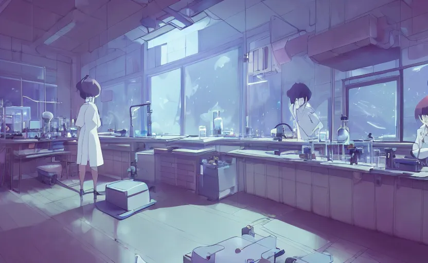 Image similar to a bio laboratory, crystal lights, mysterious atmosphere, cel - shading, cinematic, artstation, studio ghibli, miyazaki, highly details