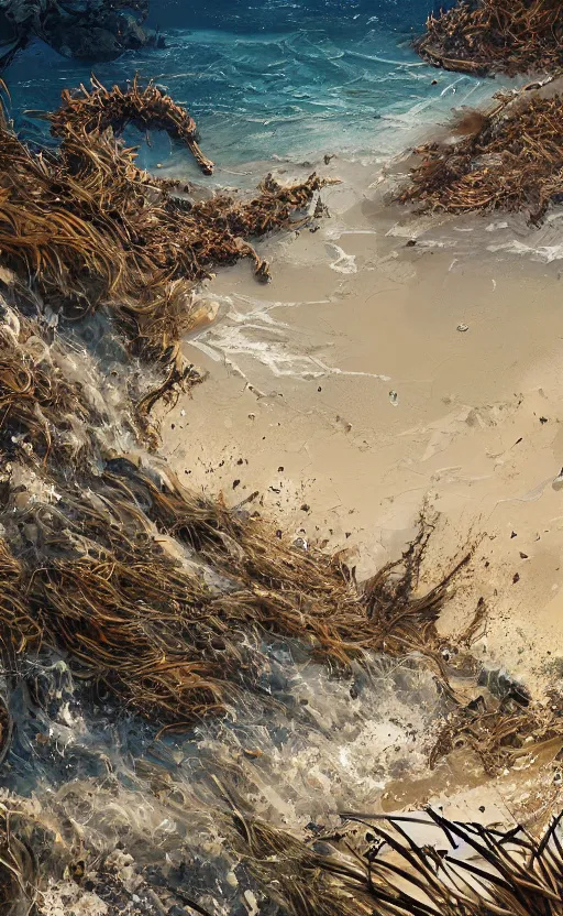Prompt: casual game art dirty poluted beach with sargassum invasion, disguisting, artstyle with soft and hard round brush, digital art, game art, 2D art, mobile game, google store, low contrast, intricate, highly detailed, dirt, sand, peninsula