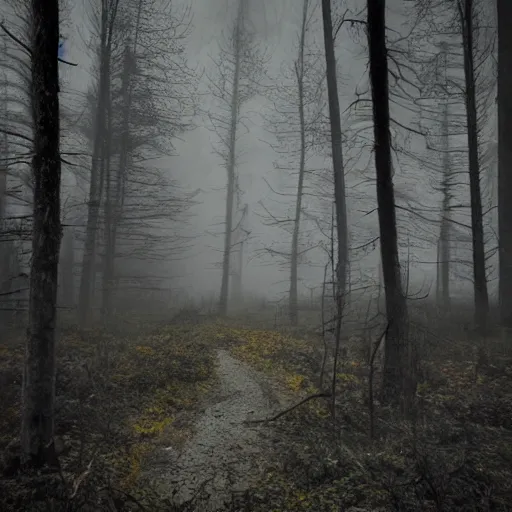 Image similar to dark, gloomy, and ghostly. it depicts a landscape with an eerie swallowed forest, with an eerie trail winding through a dark and foreboding forest, with some muted colors of orange and yellow in the background.