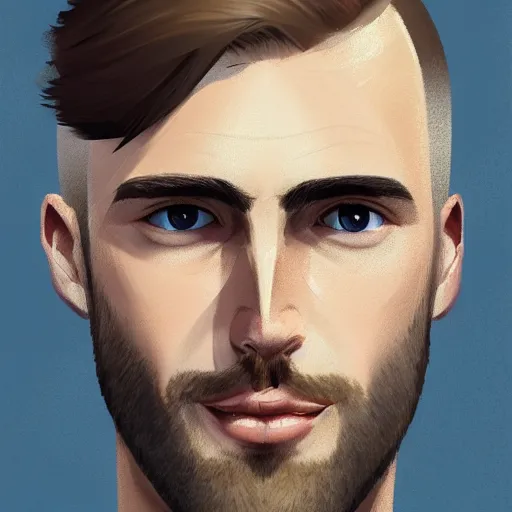 Prompt: tall chunky man in his twenties with brown blond short regular haircut and round facial structure with cleft chin, straight eyebrows, big grey blue eyes, smirking, happy, slightly set back jaw, cheekbones, straight nose, wider face, slight shadow of beard, atmospheric lighting, painted, intricate, 4 k, highly detailed by charlie bowater