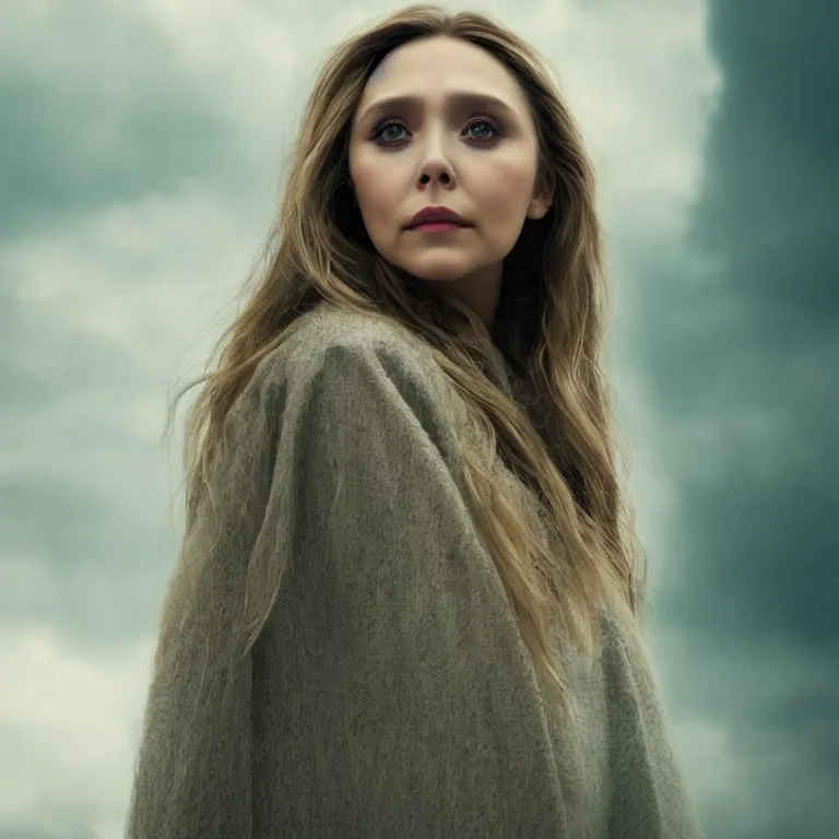 Prompt: A portrait of Elizabeth Olsen in the style of Arcane, 8k, photorealistic imagery, 35mm photography