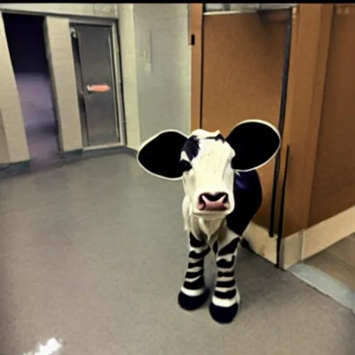 Image similar to jailphoto of a cute calf dressed as an inmate inside jail