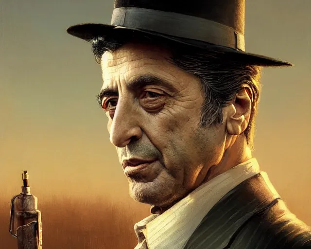 Image similar to highly detailed portrait of al pacino as vito scaletta, in mafia 2, stephen bliss, unreal engine, fantasy art by greg rutkowski, loish, rhads, ferdinand knab, makoto shinkai and lois van baarle, ilya kuvshinov, rossdraws, tom bagshaw, global illumination, radiant light, detailed and intricate environment