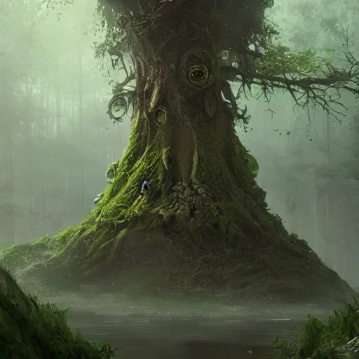 Prompt: living tree, tree has legs and eyes, in the shape of a frog, swamp, greg rutkowski, trending on art station, magic the gathering, 4 k, matte painting