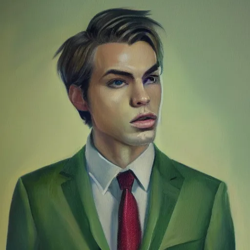 Image similar to A beautiful painting of a young man, blonde, wearing a suit, oil painting, green eyes, gloomy lighting, hyper detailed, trending on artstation